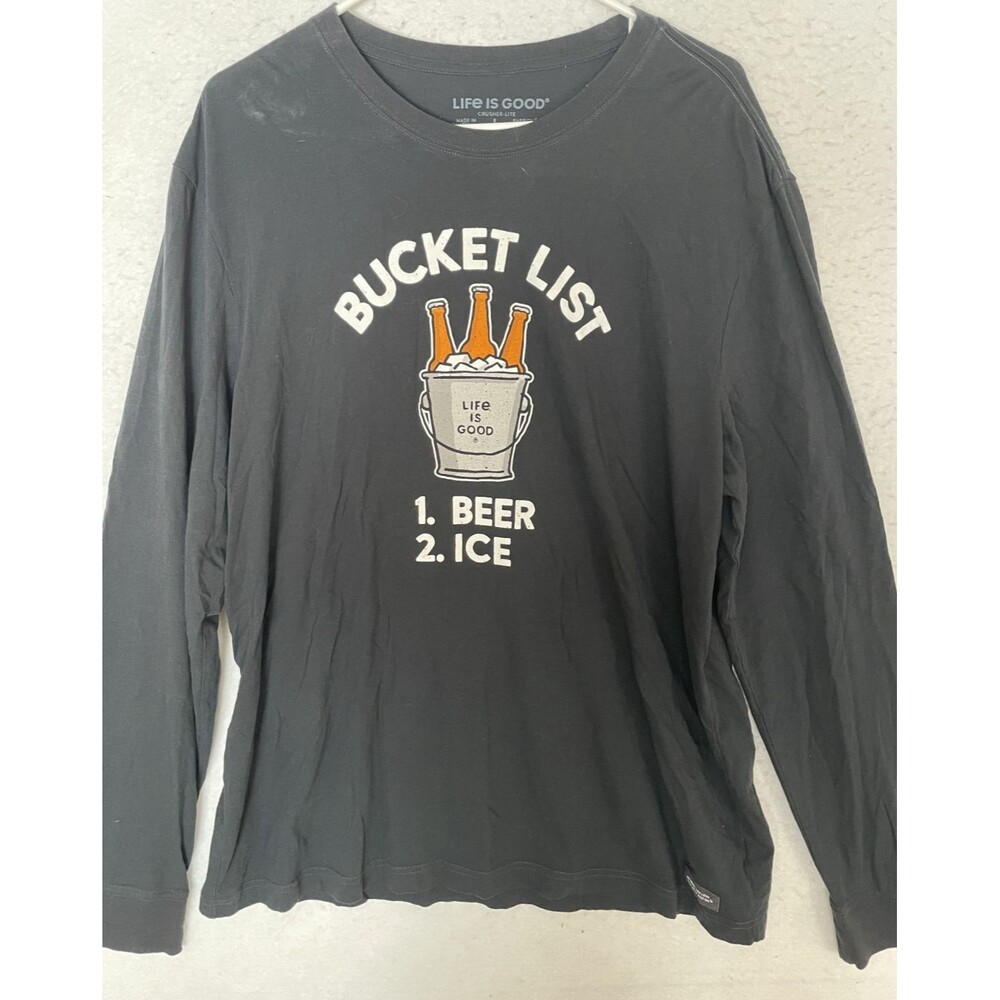 Life Is Good T-Shirt Mens L Crusher-Lite Crew Neck Long Sleeve Bucket List Beer